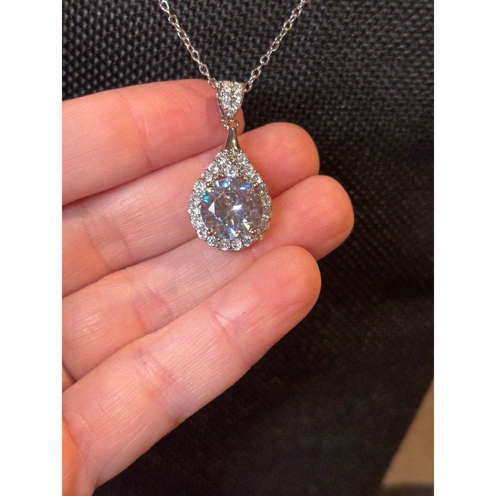 Sterling Silver S925 Pear Halo Cubic Zirconia Teardrop Pendant Necklace 18-20in